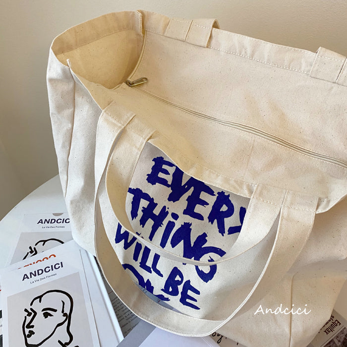Everything Will Be Ok Canvas Tote Bag with Zip - Andcici