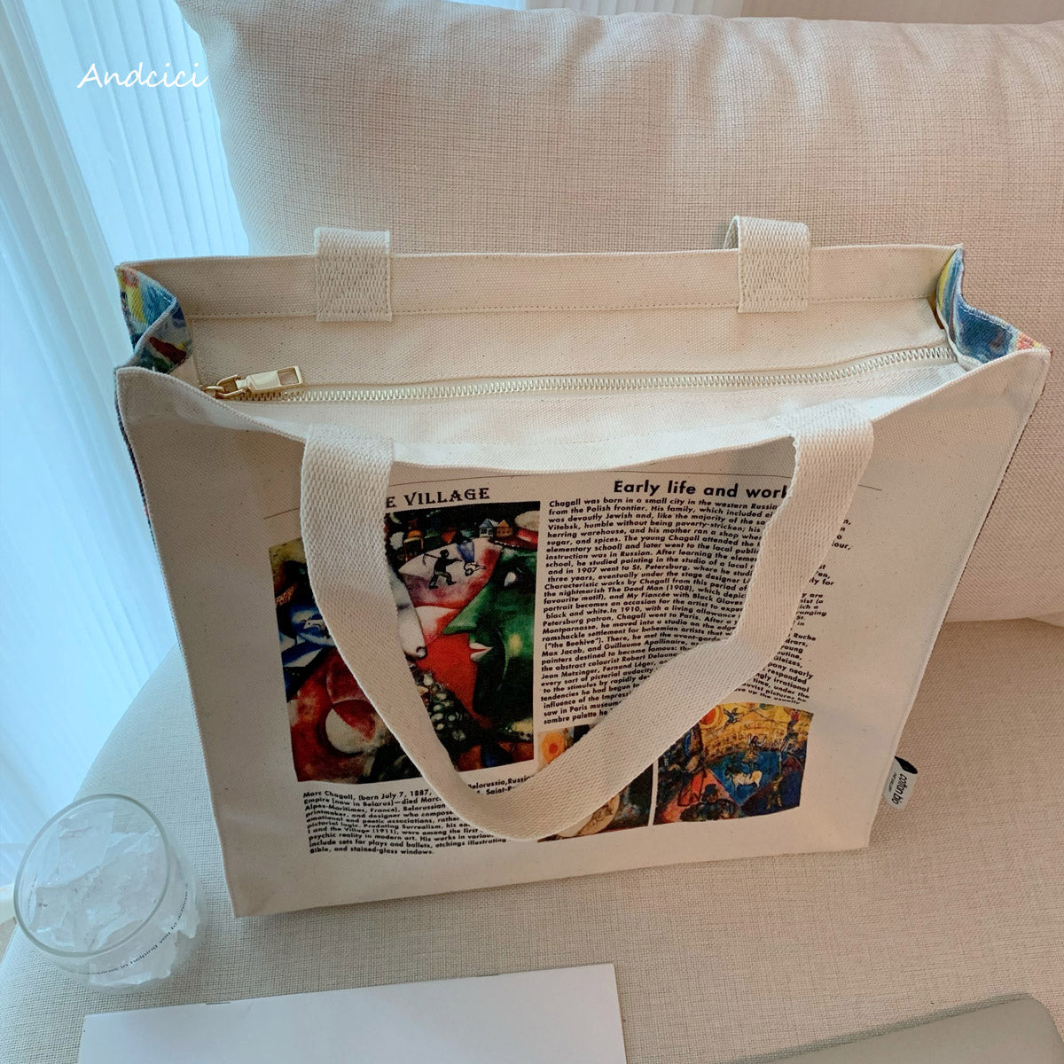 Tribute to Marc Chagall Canvas Tote Bag with Zip - Andcici