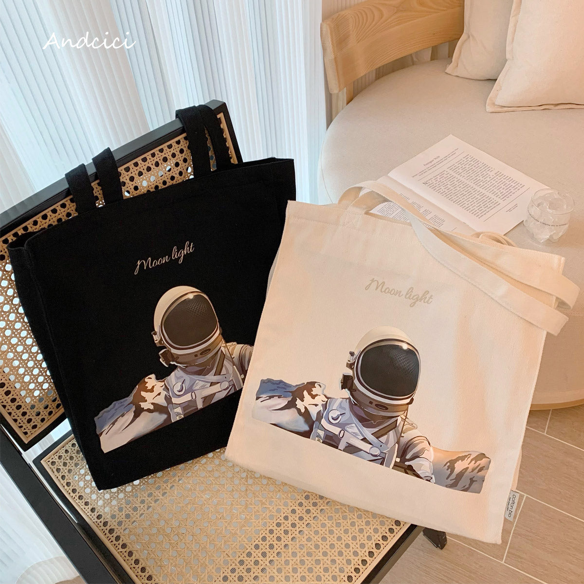 Moonlight Astronaut Abstract Art Canvas Tote Bag with Zip - Andcici