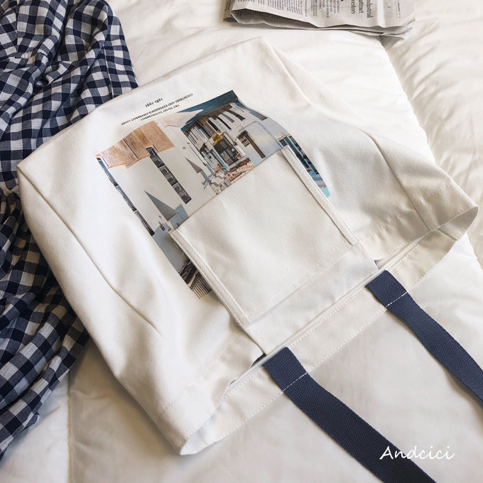 Charming Town Canvas Tote Bag Blue Strap with Zip - Andcici