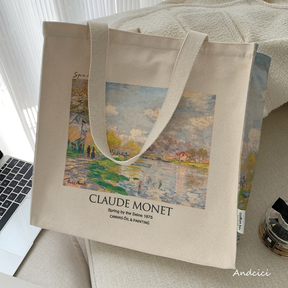 Claude Monet "Spring by the Seine, 1875" Canvas Tote Bag with Zip - Andcici