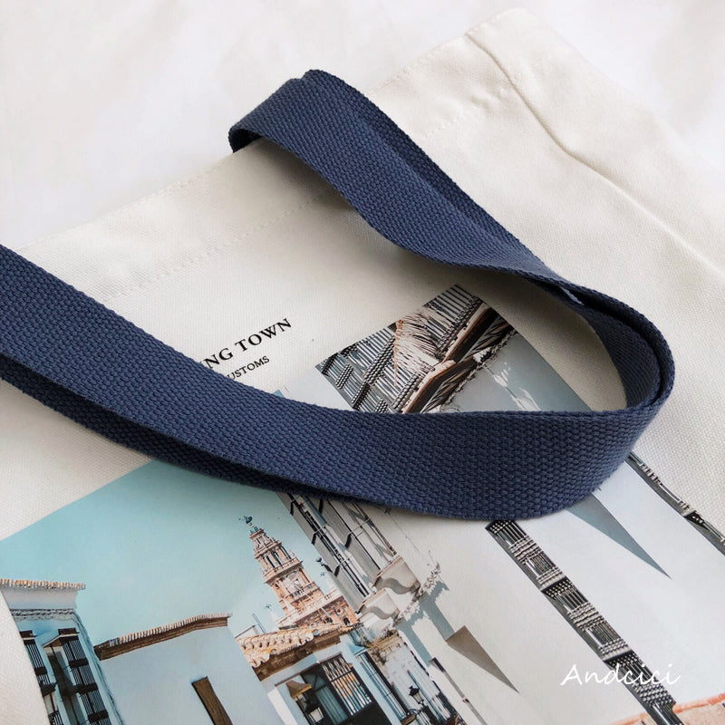 Charming Town Canvas Tote Bag Blue Strap with Zip - Andcici