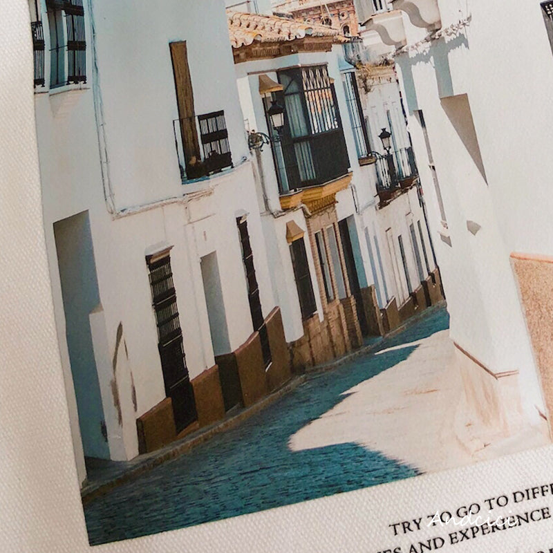 Charming Town Canvas Tote Bag Blue Strap with Zip - Andcici