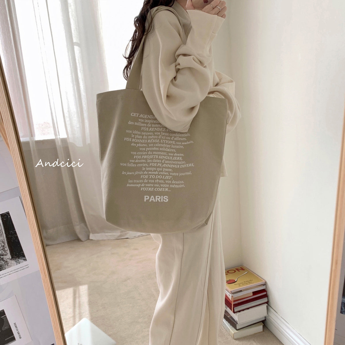 Paris In Green Canvas Tote Bag with Zip - Andcici