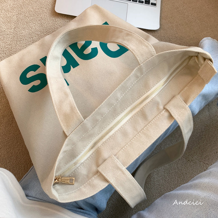 Paris In Green Canvas Tote Bag with Zip - Andcici