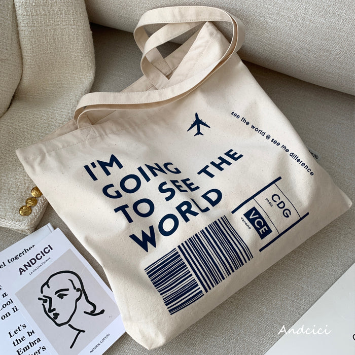 I'm going to see the World Canvas Tote Bag with Inner Zipped Pocket - Andcici