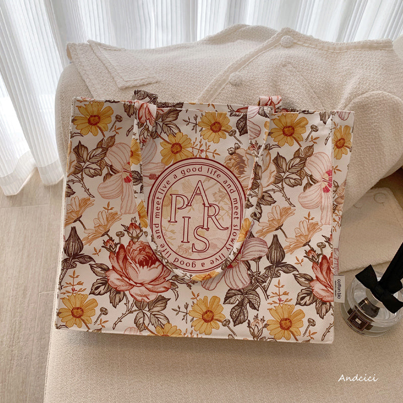 French Flowers Canvas Tote Bag with Zip - Andcici