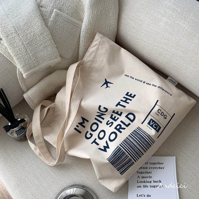 I'm going to see the World Canvas Tote Bag with Inner Zipped Pocket - Andcici