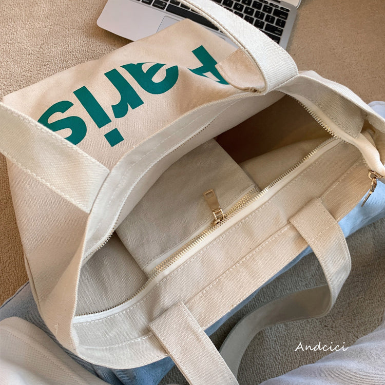 Paris In Green Canvas Tote Bag with Zip - Andcici