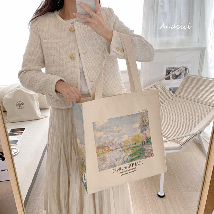 Claude Monet "Spring by the Seine, 1875" Canvas Tote Bag with Zip - Andcici