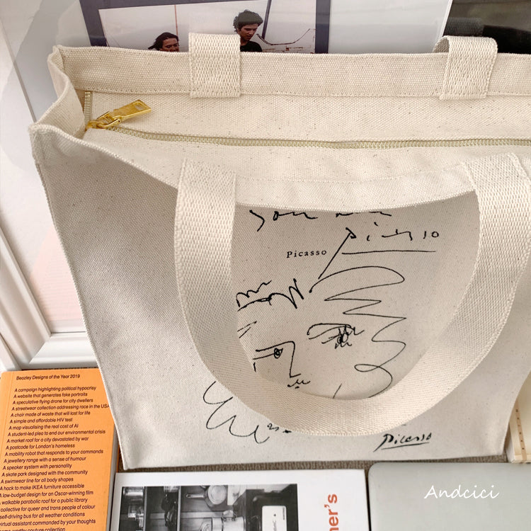Pablo Picasso Portrait of a Women Line Art Canvas Tote Bag with Zip - Andcici