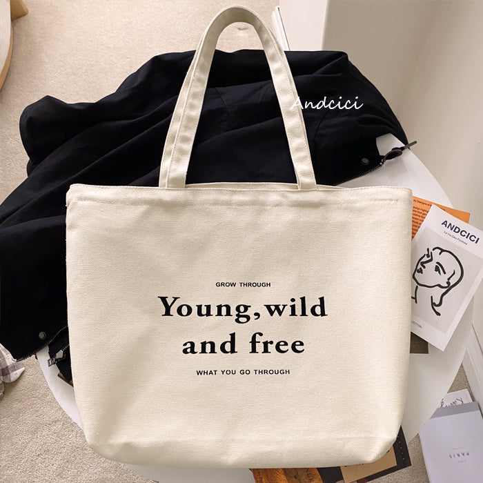 Young, Wild and Free Canvas Tote Bag with Zip - Andcici