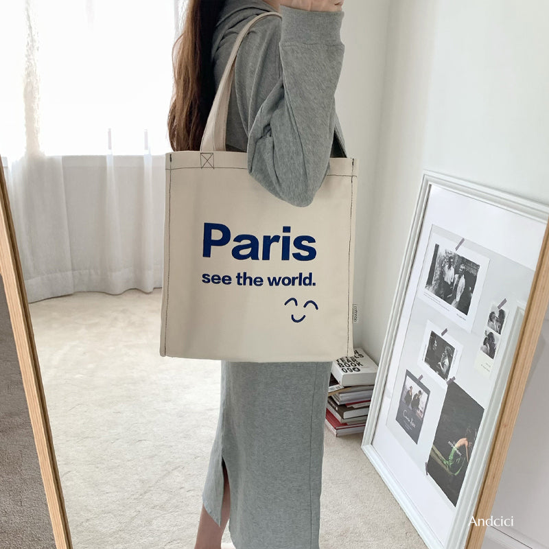 Paris See The World Canvas Tote Bag with Zip - Andcici