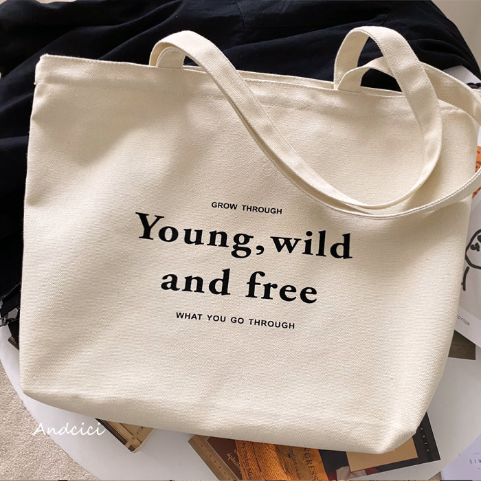 Young, Wild and Free Canvas Tote Bag with Zip - Andcici
