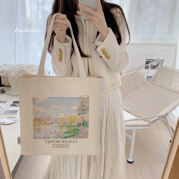 Claude Monet "Spring by the Seine, 1875" Canvas Tote Bag with Zip - Andcici