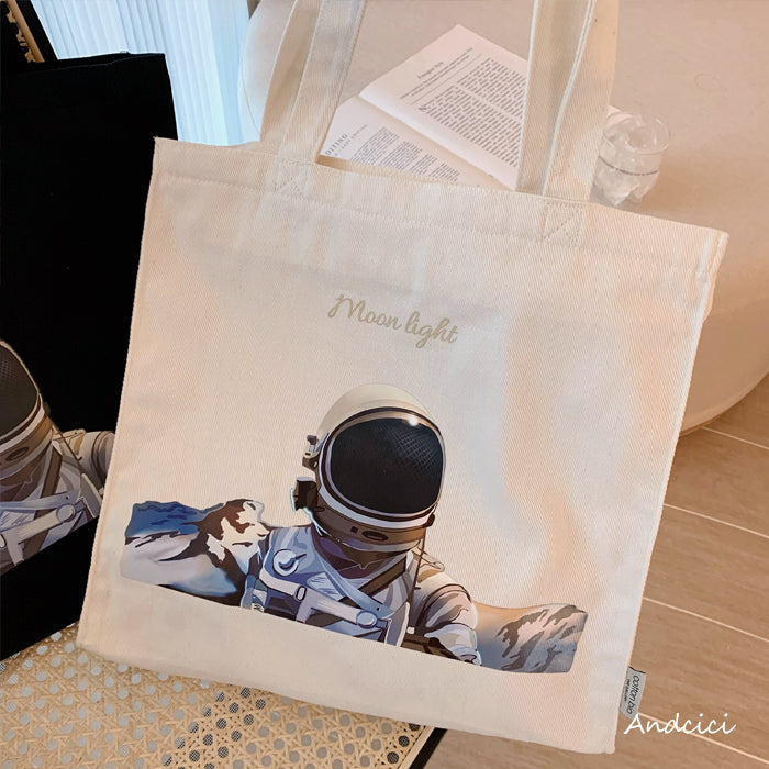 Moonlight Astronaut Abstract Art Canvas Tote Bag with Zip - Andcici