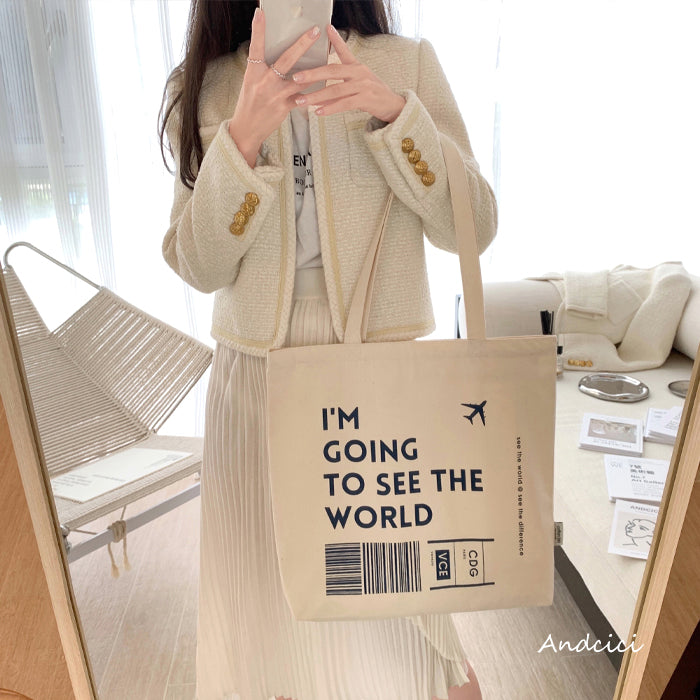 I'm going to see the World Canvas Tote Bag with Inner Zipped Pocket - Andcici