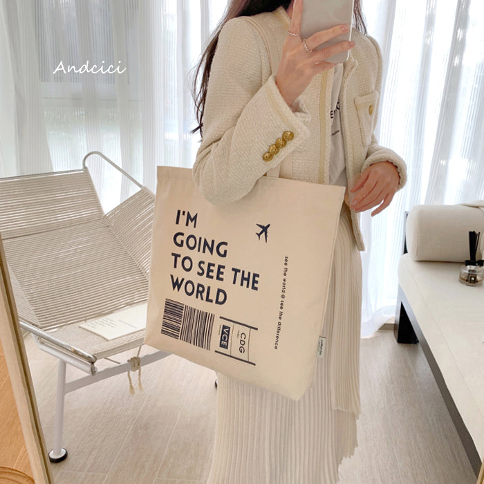 I'm going to see the World Canvas Tote Bag with Inner Zipped Pocket - Andcici