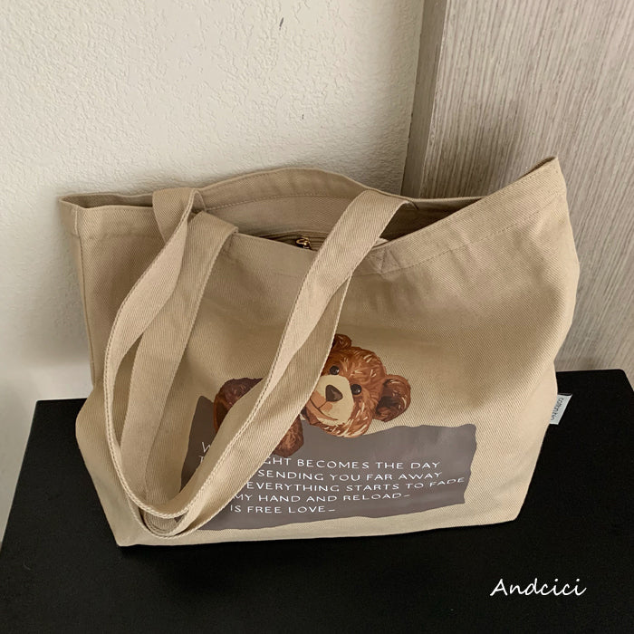 Free Love Bear Art Canvas Tote Bag with Zip - Andcici