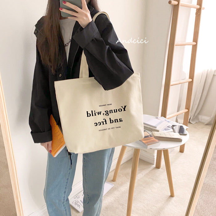 Young, Wild and Free Canvas Tote Bag with Zip - Andcici