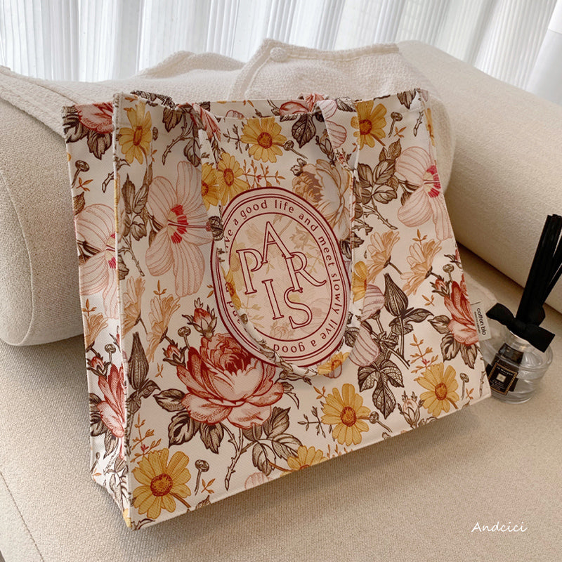 French Flowers Canvas Tote Bag with Zip - Andcici