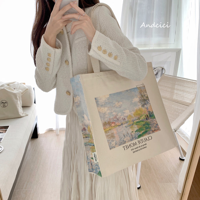 Claude Monet "Spring by the Seine, 1875" Canvas Tote Bag with Zip - Andcici