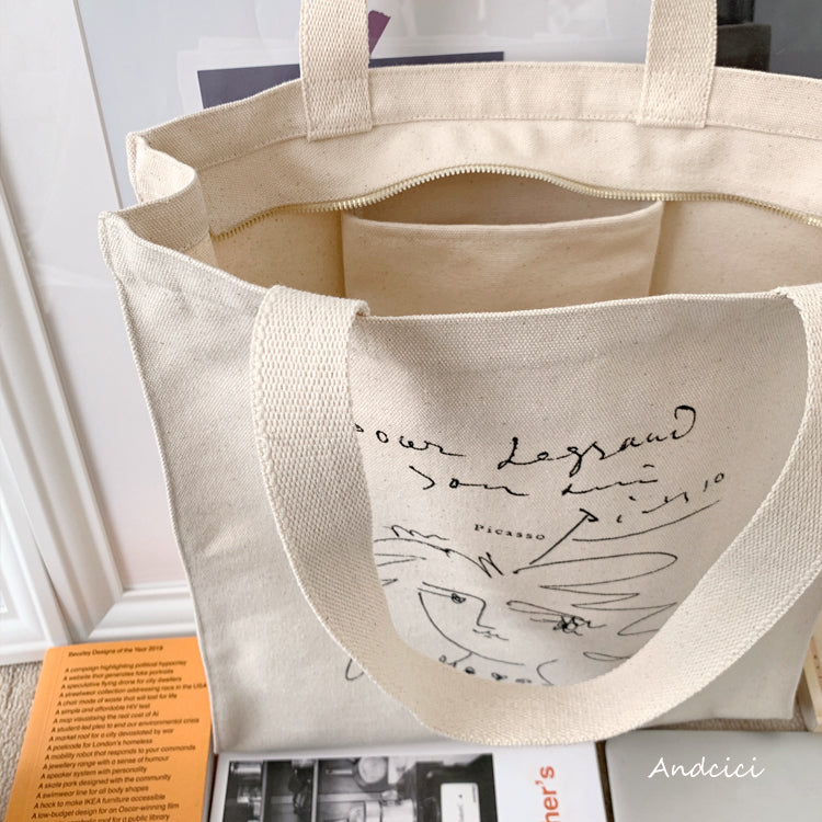 Pablo Picasso Portrait of a Women Line Art Canvas Tote Bag with Zip - Andcici