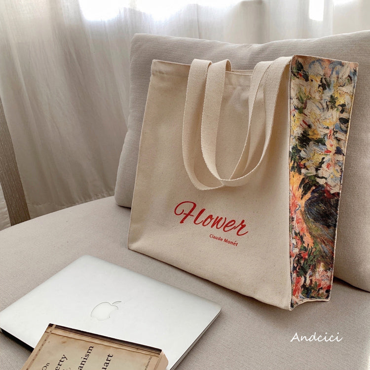 Claude Monet Flower Theme Panel Art Canvas Tote Bag with Zip