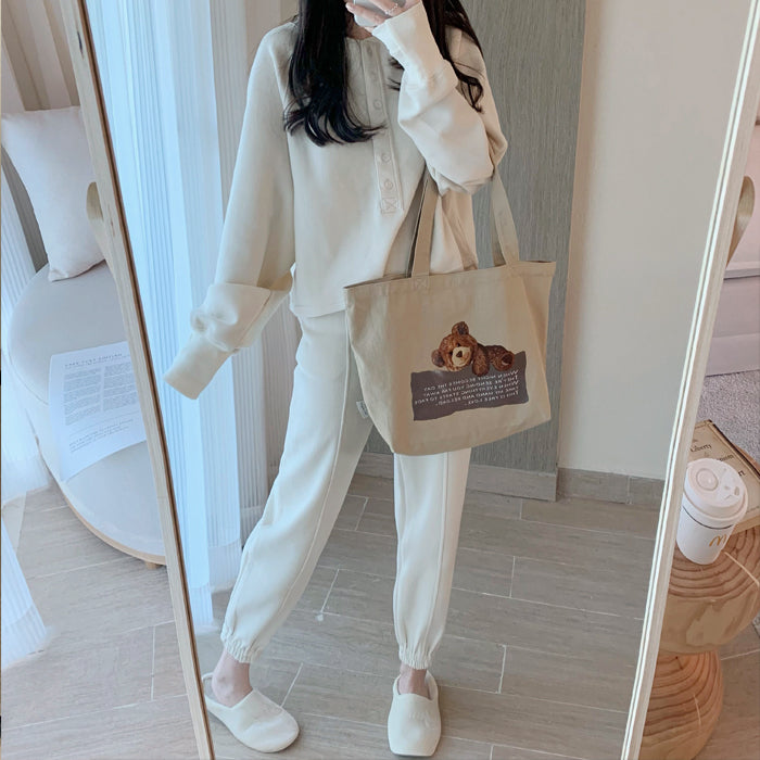 Free Love Bear Art Canvas Tote Bag with Zip - Andcici