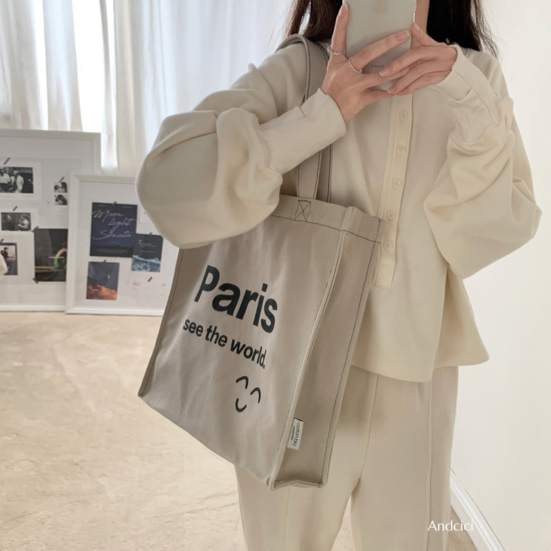 Paris See The World Canvas Tote Bag with Zip - Andcici