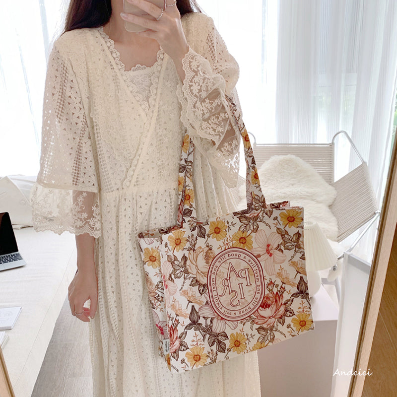 French Flowers Canvas Tote Bag with Zip - Andcici