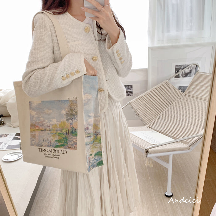 Claude Monet "Spring by the Seine, 1875" Canvas Tote Bag with Zip - Andcici