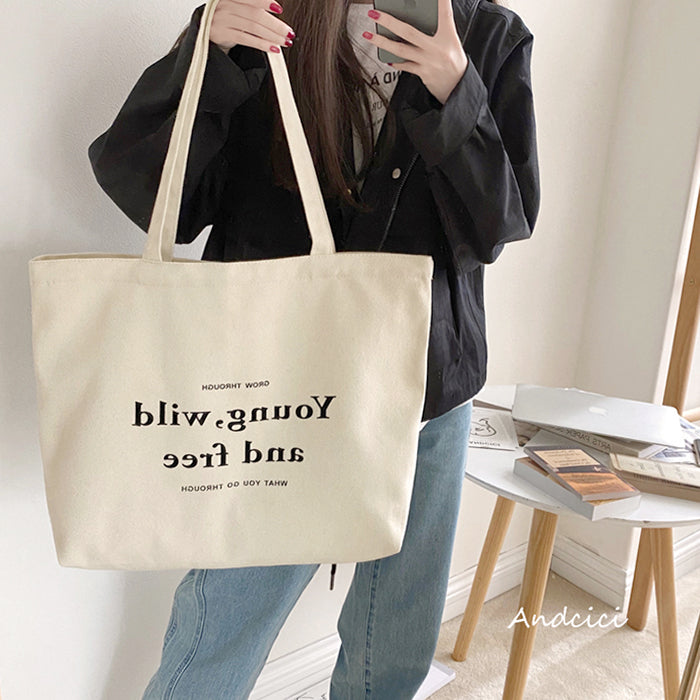 Young, Wild and Free Canvas Tote Bag with Zip - Andcici