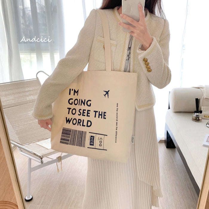 I'm going to see the World Canvas Tote Bag with Inner Zipped Pocket - Andcici