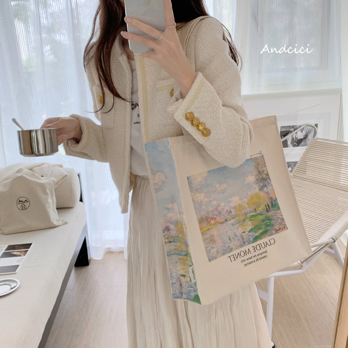 Claude Monet "Spring by the Seine, 1875" Canvas Tote Bag with Zip - Andcici