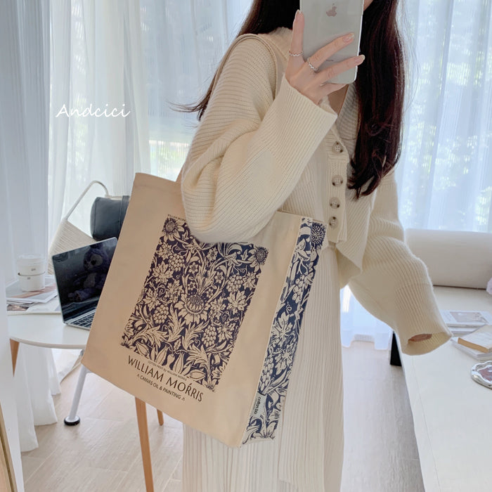 William Morris Navy Blue Botanical Canvas Tote Bag with Zip - Andcici