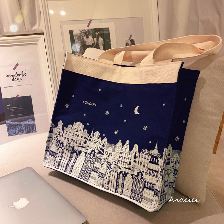 London Night Sky Black Tote Bag with Zip - Andcici