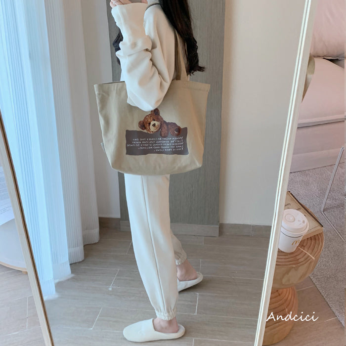 Free Love Bear Art Canvas Tote Bag with Zip - Andcici