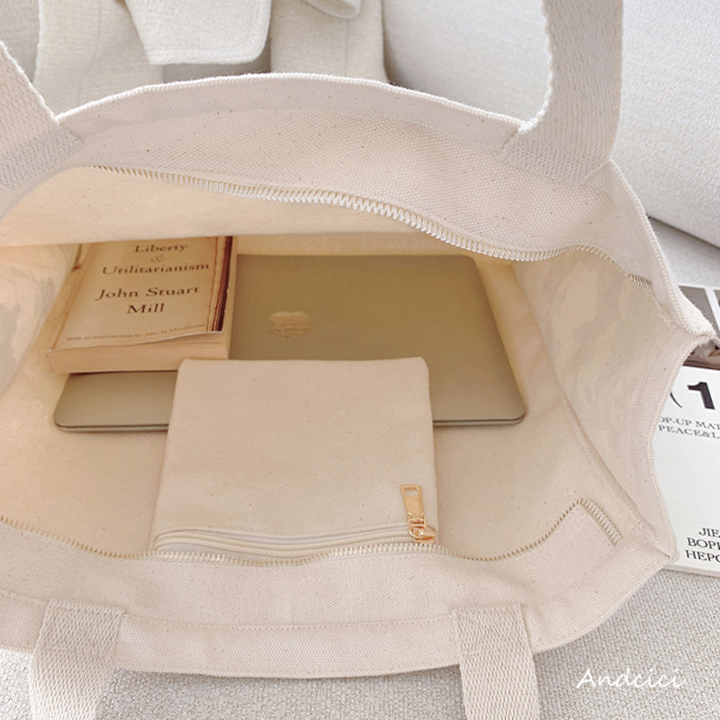 Cream Green Abstract Art Canvas Tote Bag with Zip - Andcici