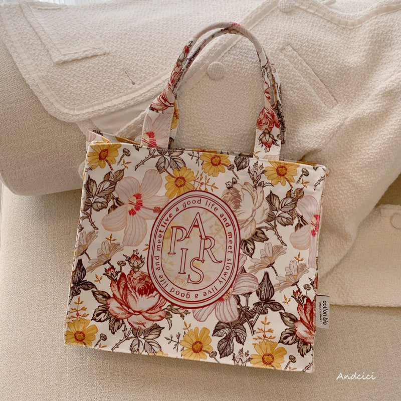 French Flowers Canvas Tote Bag with Zip - Andcici