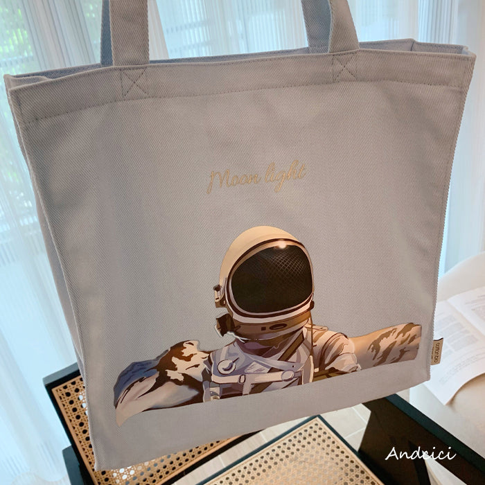 Moonlight Astronaut Abstract Art Canvas Tote Bag with Zip - Andcici