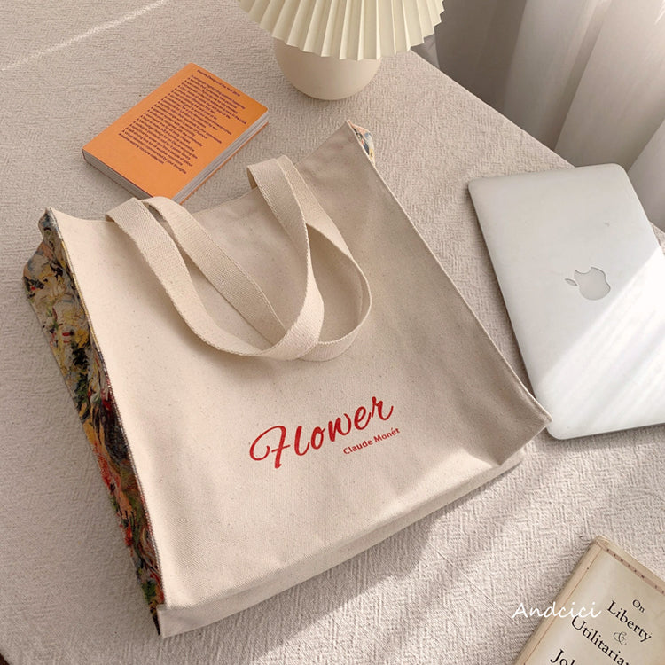 Claude Monet Flower Theme Panel Art Canvas Tote Bag with Zip - Andcici