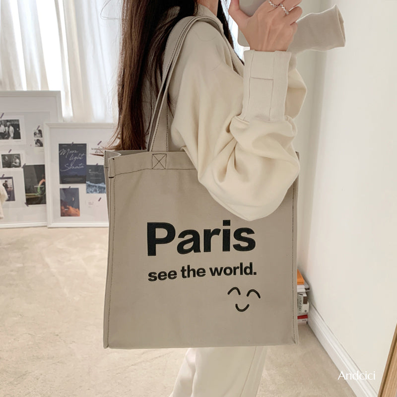 Paris See The World Canvas Tote Bag with Zip - Andcici