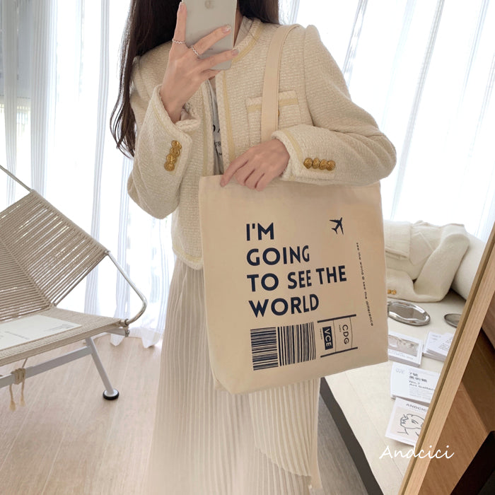 I'm going to see the World Canvas Tote Bag with Inner Zipped Pocket - Andcici