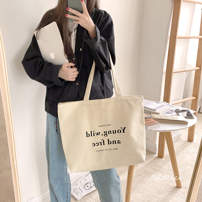 Young, Wild and Free Canvas Tote Bag with Zip - Andcici