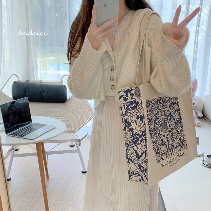William Morris Navy Blue Botanical Canvas Tote Bag with Zip - Andcici