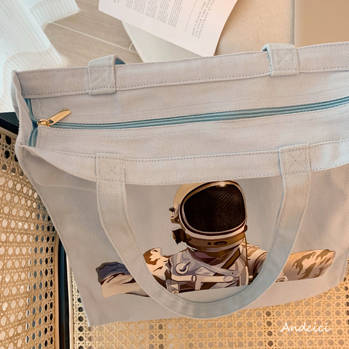 Moonlight Astronaut Abstract Art Canvas Tote Bag with Zip - Andcici