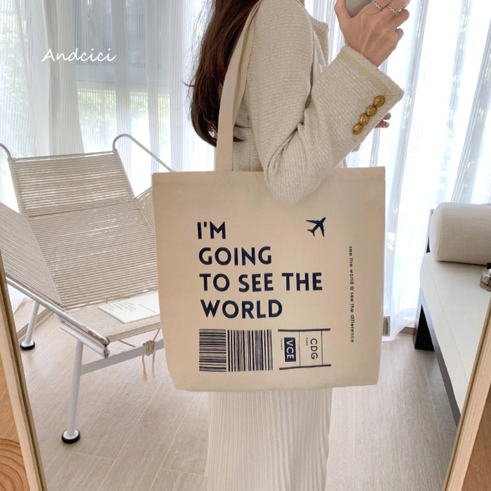 I'm going to see the World Canvas Tote Bag with Inner Zipped Pocket - Andcici