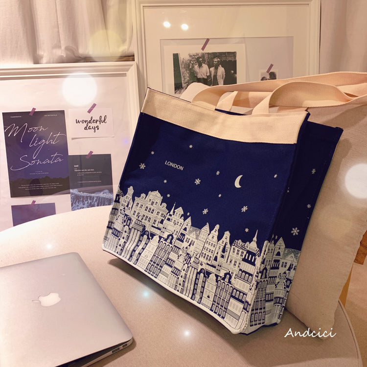 London Night Sky Black Tote Bag with Zip - Andcici
