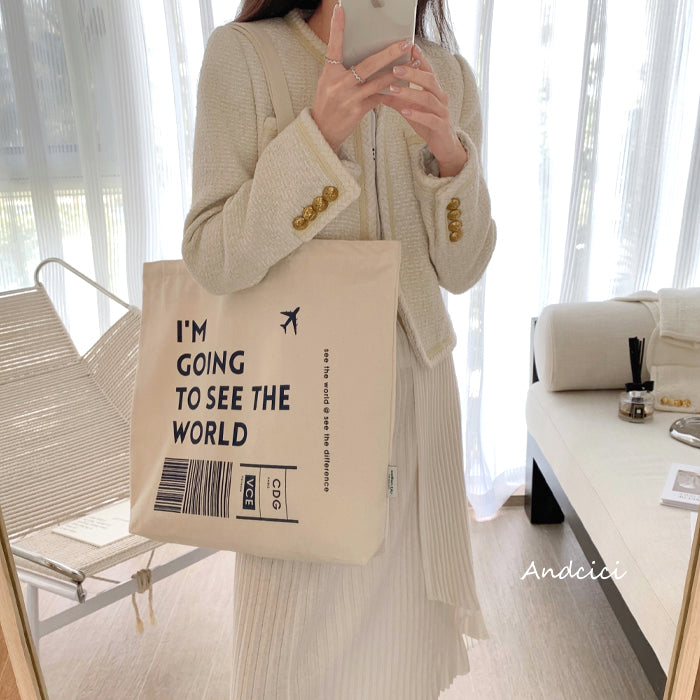 I'm going to see the World Canvas Tote Bag with Inner Zipped Pocket - Andcici